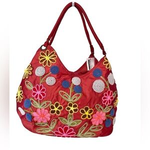 NWT Bamboo54 Floral Embroidered Rust/Red Hobo Shoulder Bag Brand New